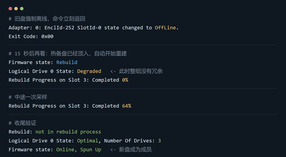 离线、自动重建与收尾验证的终端输出(节选)